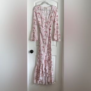 1st Sight wrap maxi dress XS NWT light pink with floral pattern.